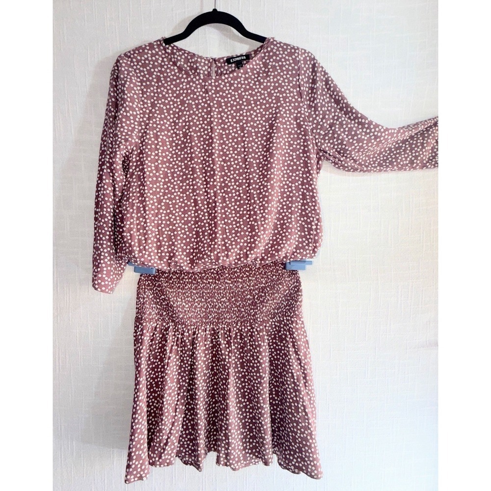Express Polka Dot Flounce Smocked Long Sleeve  Dress - Mauve/Dark Pink  "M"